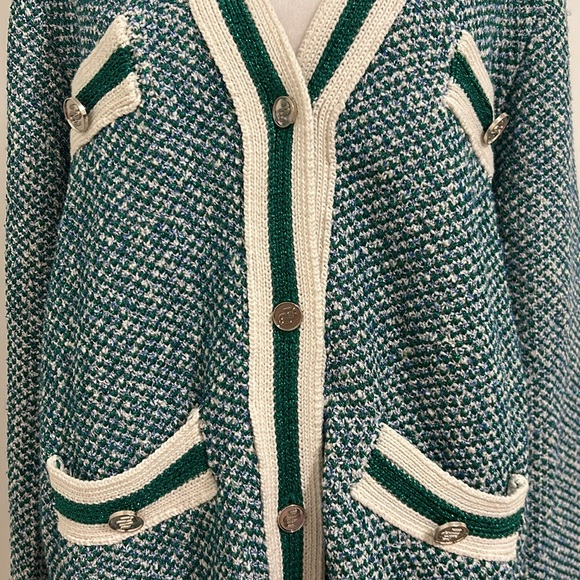 Maje Maitresse Green Lurex Metallic Threaded Cardigan Sweater Size 3, US Large - Picture 7 of 16